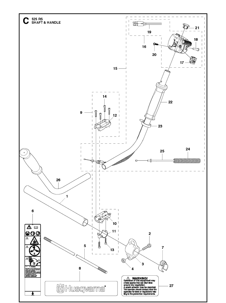Shaft Diagram and Parts List for 132RD 19904400001-19920100000 Husqvarna Brush Cutter
