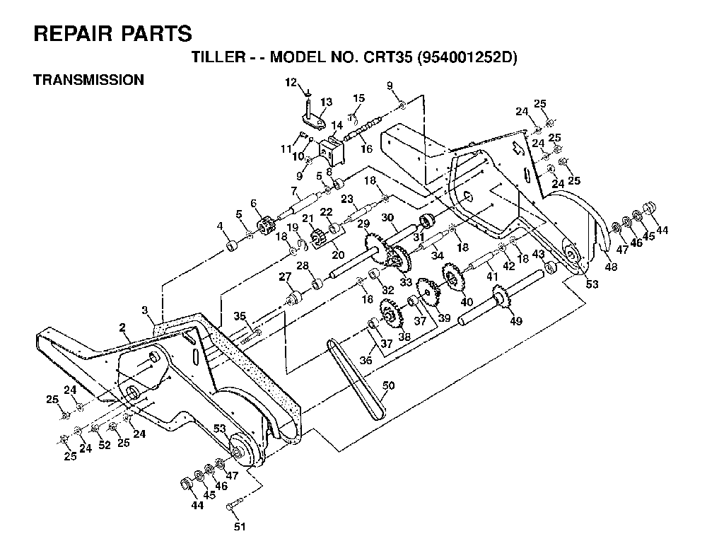 Transmission Diagram and Parts List for CRT35 (954001252D)(1996-03) Husqvarna Tiller