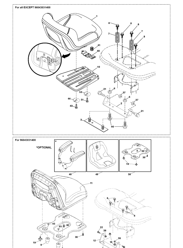 Seat Diagram and Parts List for TS142  Husqvarna Lawn Tractor