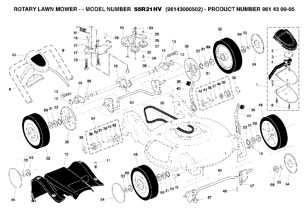 Repair Parts Diagram and Parts List for 55R21HV (96143000502, 532188294)(2005-11) Husqvarna Lawn Mower