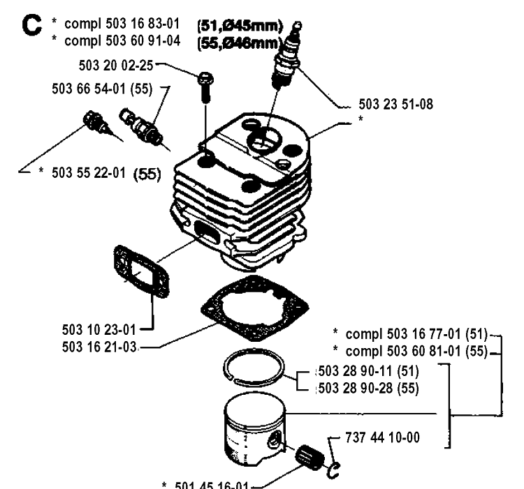 Cylinder Piston Diagram and Parts List for 51 19942300001-19982300000 Husqvarna Chainsaw