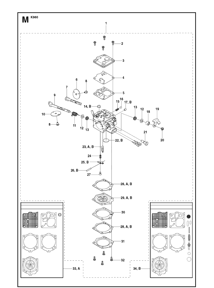 Carburetor Details Diagram and Parts List for K960 2007-10 Husqvarna Lawn Tractor Accessories
