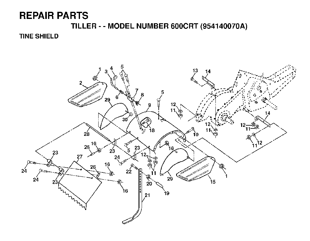 Tine Shield Diagram and Parts List for 600CRT (954140070A)(1999-04) Husqvarna Tiller