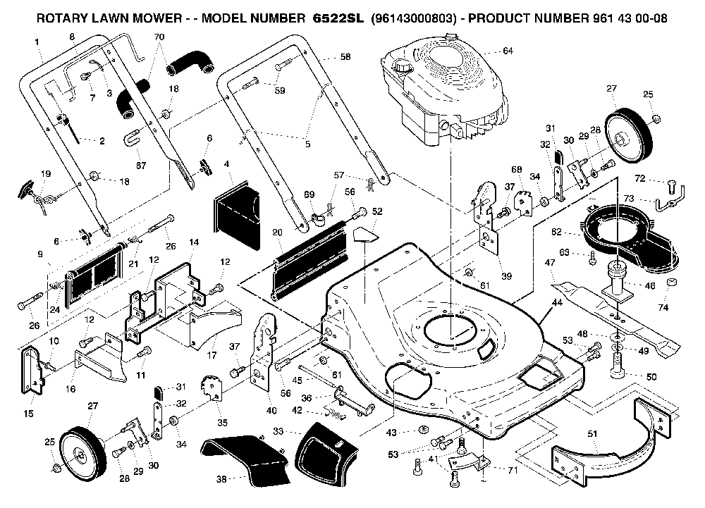 Product Complete Diagram and Parts List for 6522SL (96143000803, 961430008)(2006-01) Husqvarna Lawn Mower