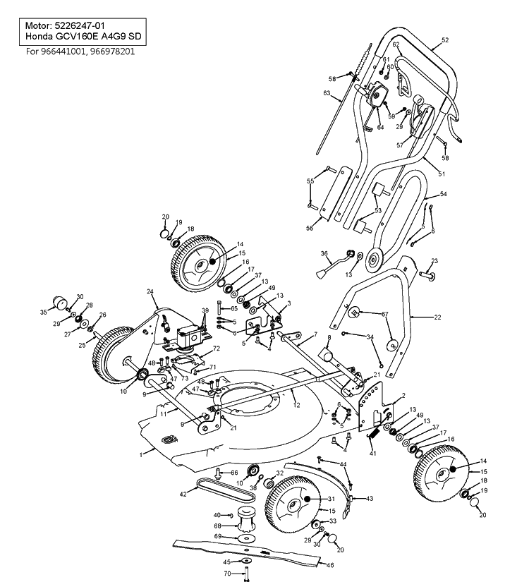 Frame And Engine Diagram and Parts List for WB53SE  Husqvarna Lawn Mower