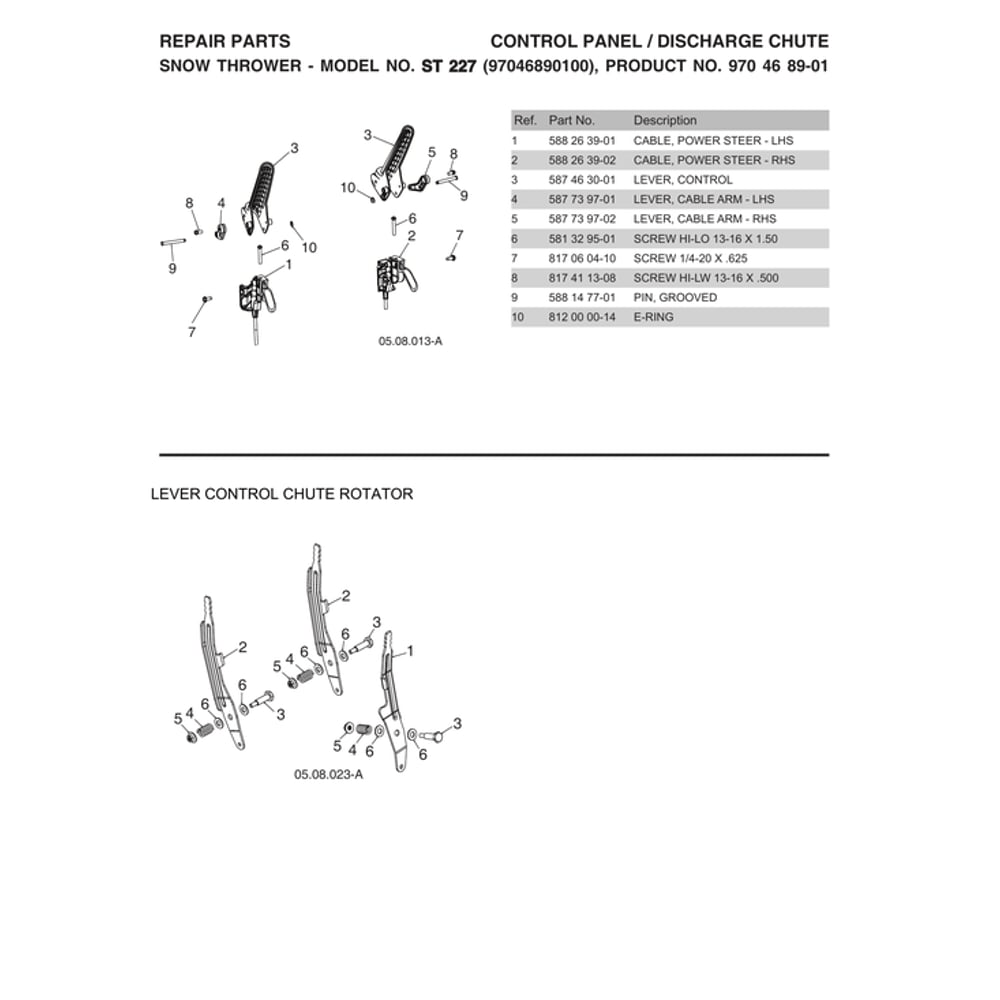 Lever Control Chute Rotator Diagram and Parts List for ST227-970528702  Husqvarna Snow Blower
