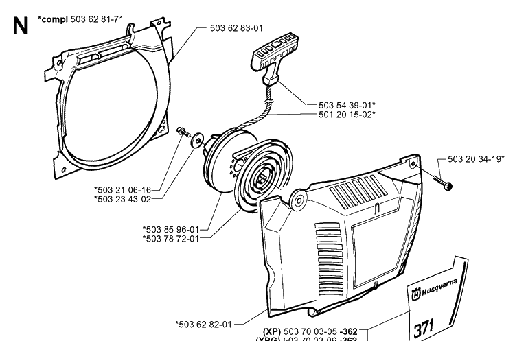 Starter Diagram and Parts List for 371XP 19991800001-Current Husqvarna Chainsaw