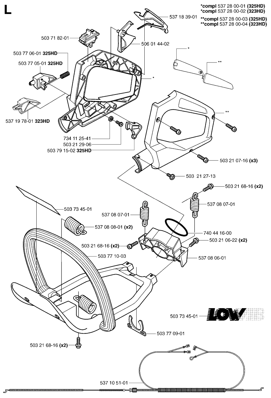 Handle And Controls Diagram and Parts List for 325HD60X 20022200001 - 20062300000 Husqvarna Hedge Trimmer