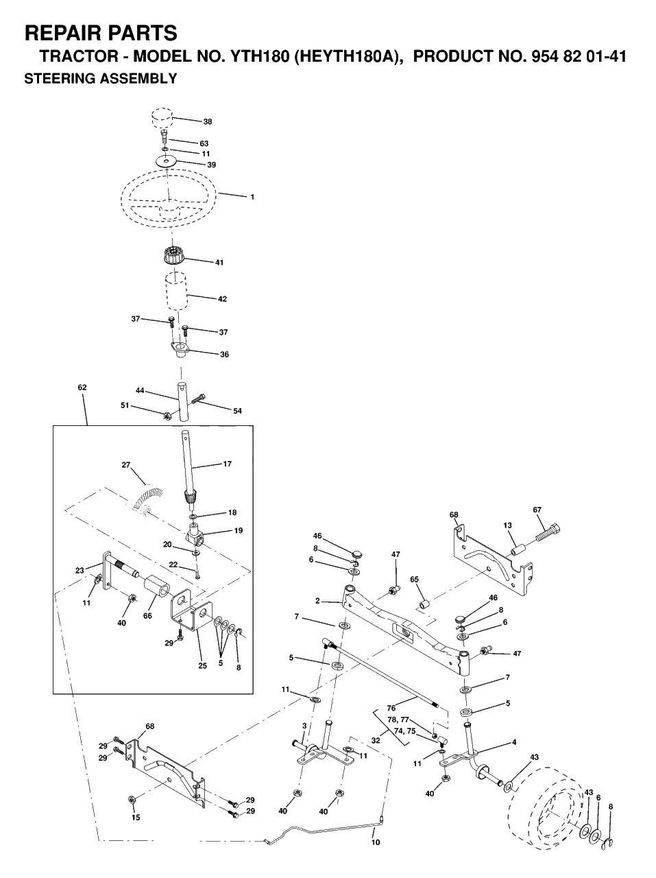 Steering Diagram and Parts List for YTH180 (954820141-A)(1998-12) Husqvarna Lawn Tractor