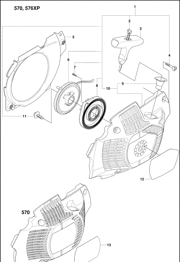 Starter Assm Diagram and Parts List for 570EPA 2009-01 Husqvarna Chainsaw