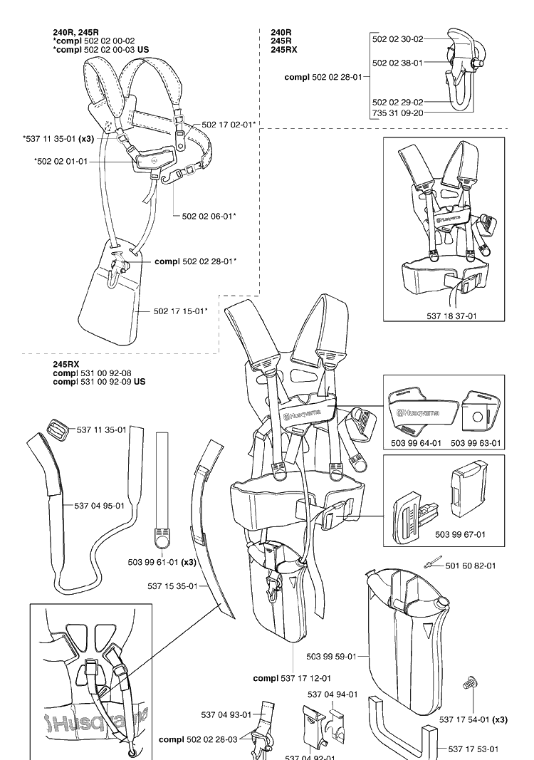 Harness Diagram and Parts List for 240 2002-08 Husqvarna Brush Cutter