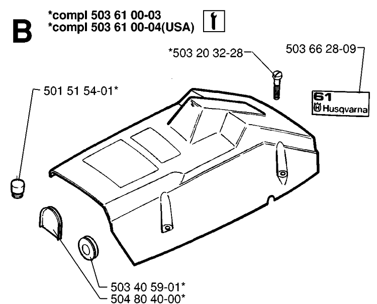 Cover Diagram and Parts List for 61 19970100001-19993100000 Husqvarna Chainsaw