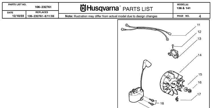 Ignition System Diagram and Parts List for 136 20040100001-Current Husqvarna Chainsaw