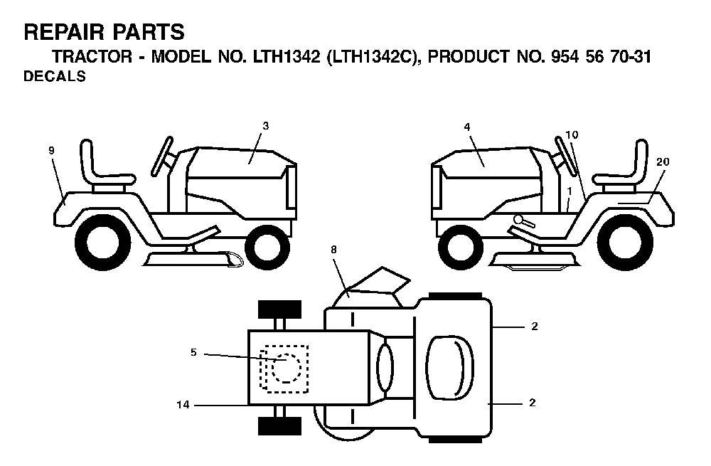 Decals Diagram and Parts List for LTH1342 (LTH1342C, 954567031)(2001-11) Husqvarna Lawn Tractor