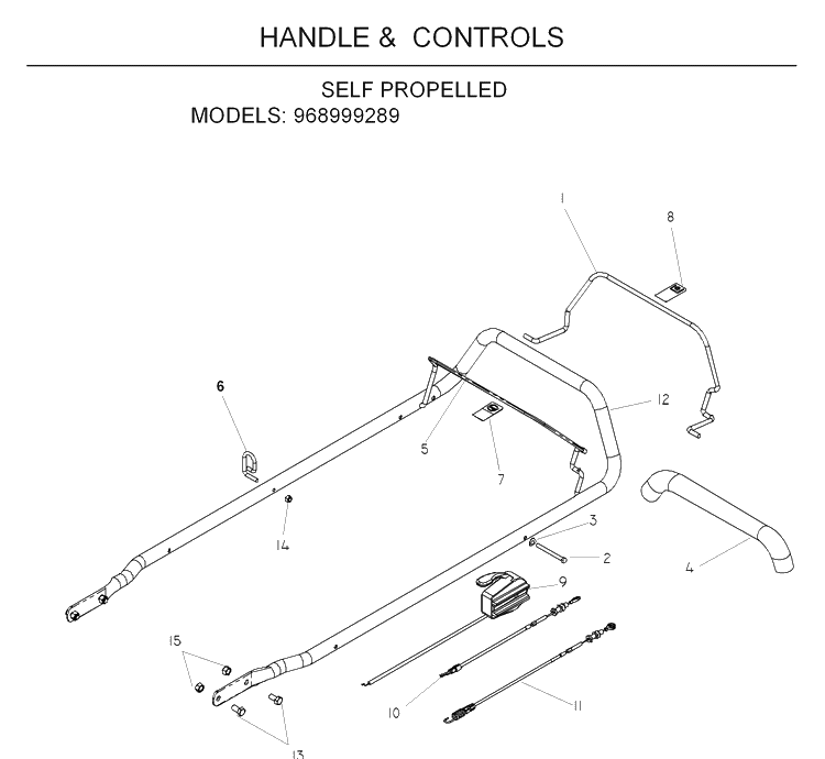 Handle And Controls Diagram and Parts List for W53-W53CSB 2008-08 Husqvarna Lawn Mower