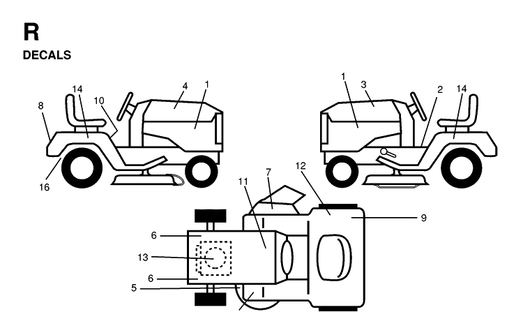 Decals Diagram and Parts List for YTH160 1998-02 Husqvarna Lawn Tractor
