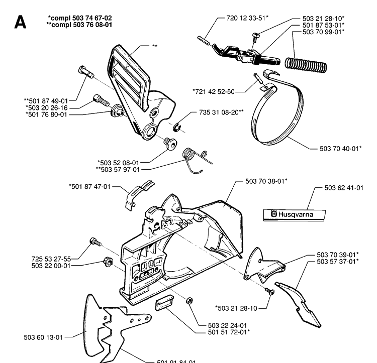 Chain Brake Diagram and Parts List for 288 19974900001-20000600000 Husqvarna Chainsaw