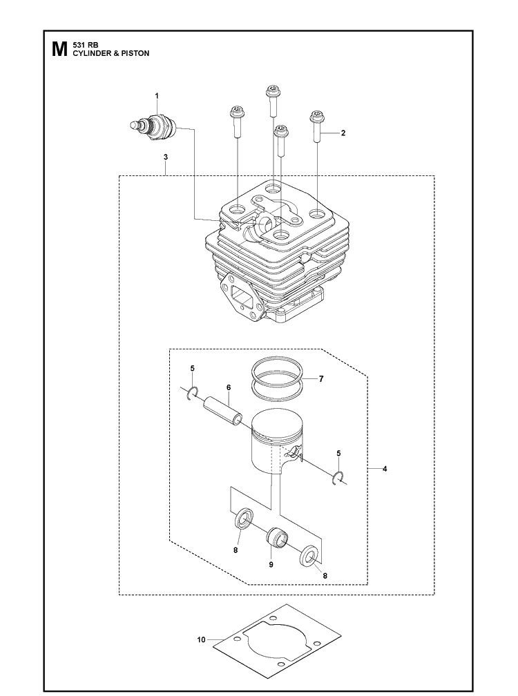 Cylinder Piston Diagram and Parts List for 531RB  Husqvarna Brush Cutter