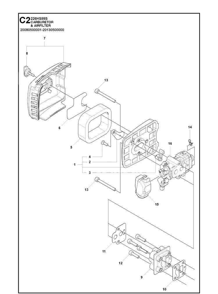 Carburetor And Air Filter Diagram and Parts List for 226HS99S  Husqvarna Hedge Trimmer