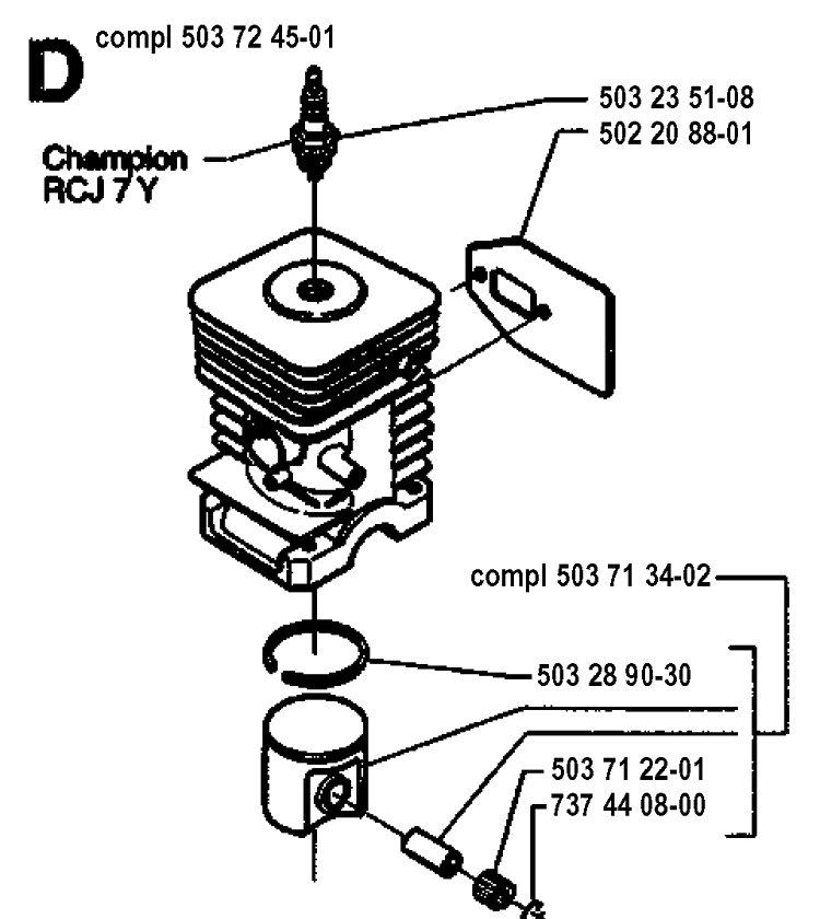 Cylinder Piston Diagram and Parts List for 225LD 19942300001-19951000000 Husqvarna Edger