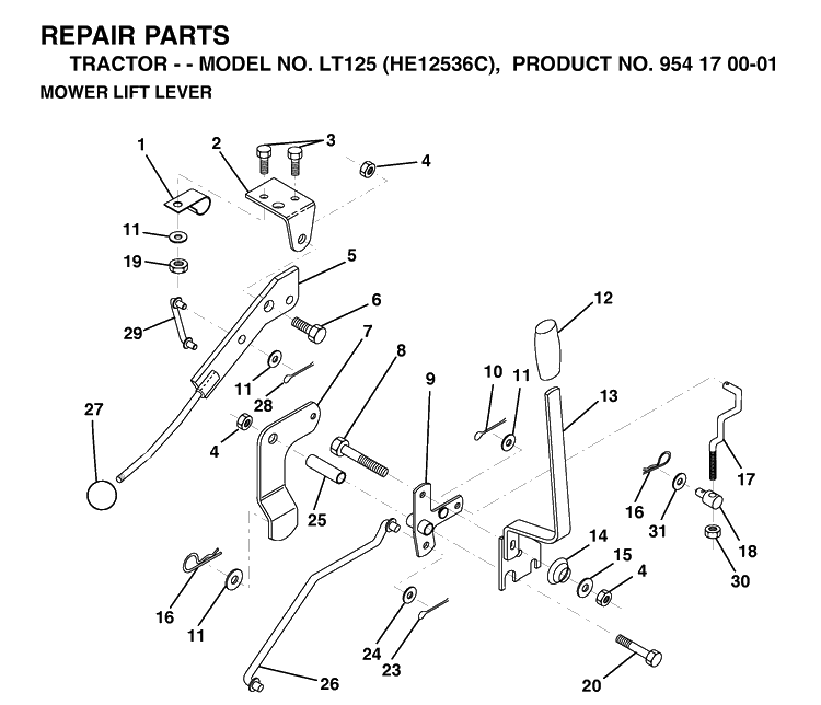 Mower Lift Lever Diagram and Parts List for LT125 (HE12536C)(1998-03) Husqvarna Lawn Tractor