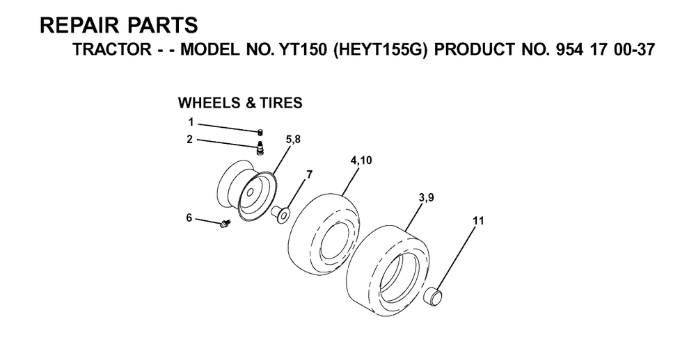 Wheels And Tires Diagram and Parts List for YT150 (954170037-G)(2001-01) Husqvarna Lawn Tractor