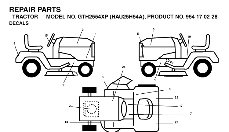 Decals Diagram and Parts List for GTH2554XP (HAU25H54A)(2004-09) Husqvarna Lawn Tractor