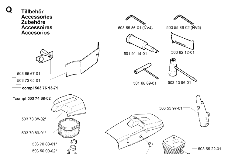 Accessories 2 Diagram and Parts List for 394XP 19960100001-19980900000 Husqvarna Chainsaw