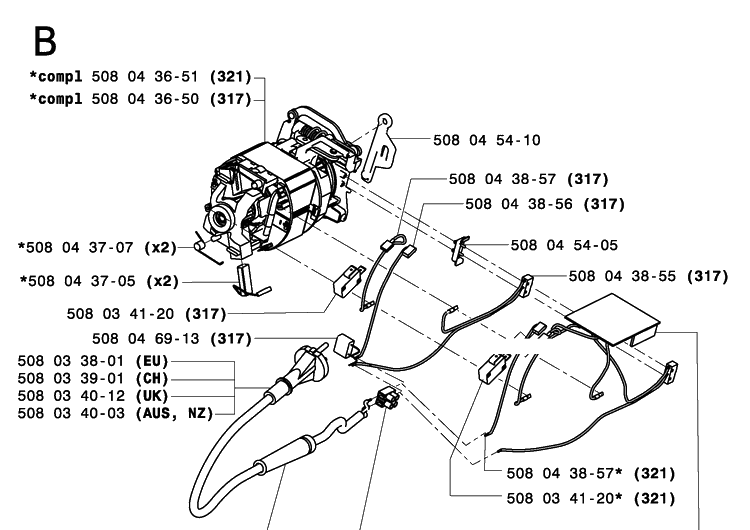 Electrical Diagram and Parts List for 317 20050100001-20053600000 Husqvarna Chainsaw