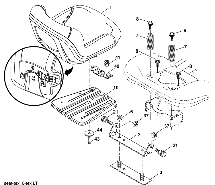 Seat Assembly Diagram and Parts List for YTH2042 (96043010601)(2010-02) Husqvarna Lawn Mower