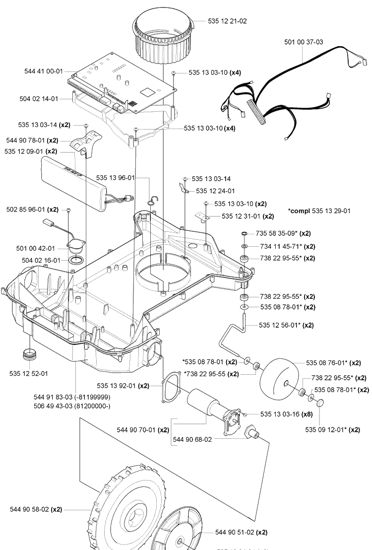 Battery/Lower Chassis/Wheels Diagram and Parts List for 230ACX 2008-02 Husqvarna Lawn Mower