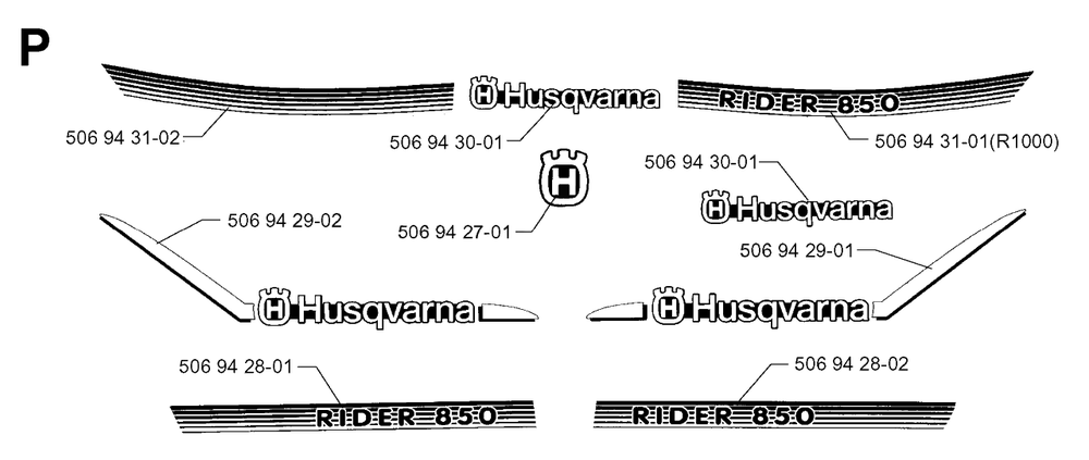 Decals Diagram and Parts List for R850 1997-03 Husqvarna Lawn Tractor