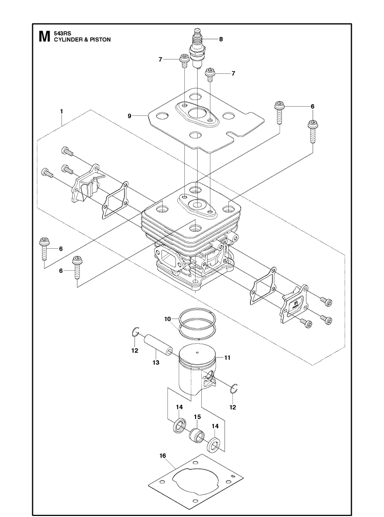 Cylinder Piston Diagram and Parts List for 543RS 20141800001-20192200000 Husqvarna Brush Cutter