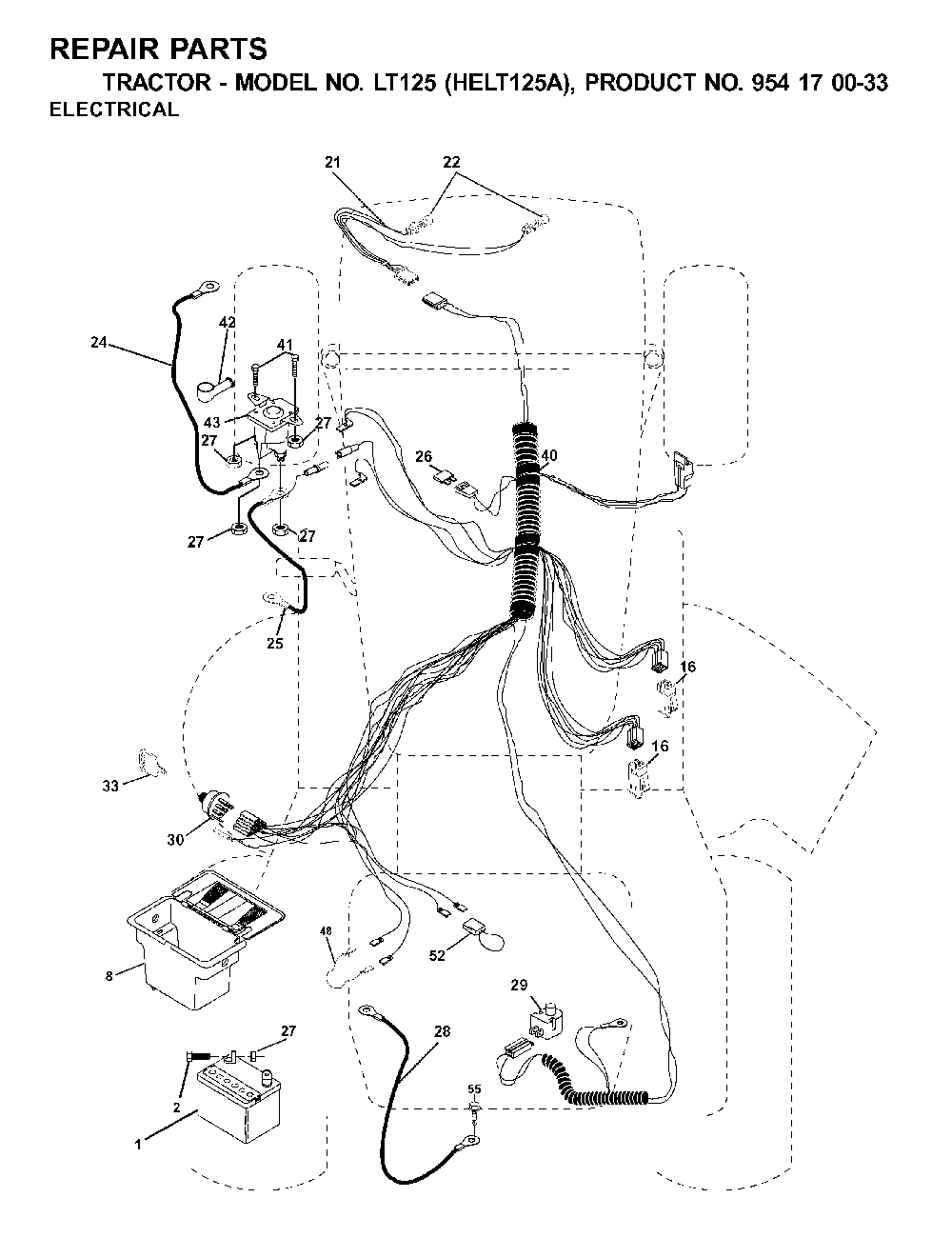 Electrical Diagram and Parts List for LT125 (HELT125A, 954170033)(2001-01) Husqvarna Lawn Tractor