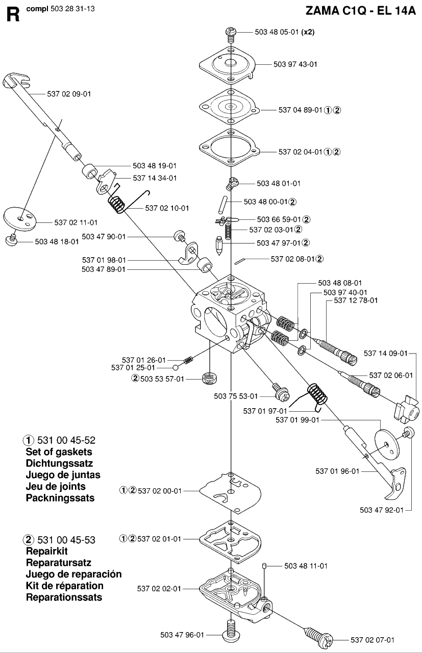 Carburetor Details Diagram and Parts List for 325HDA55X 20053600001 - 20054000000 Husqvarna Hedge Trimmer