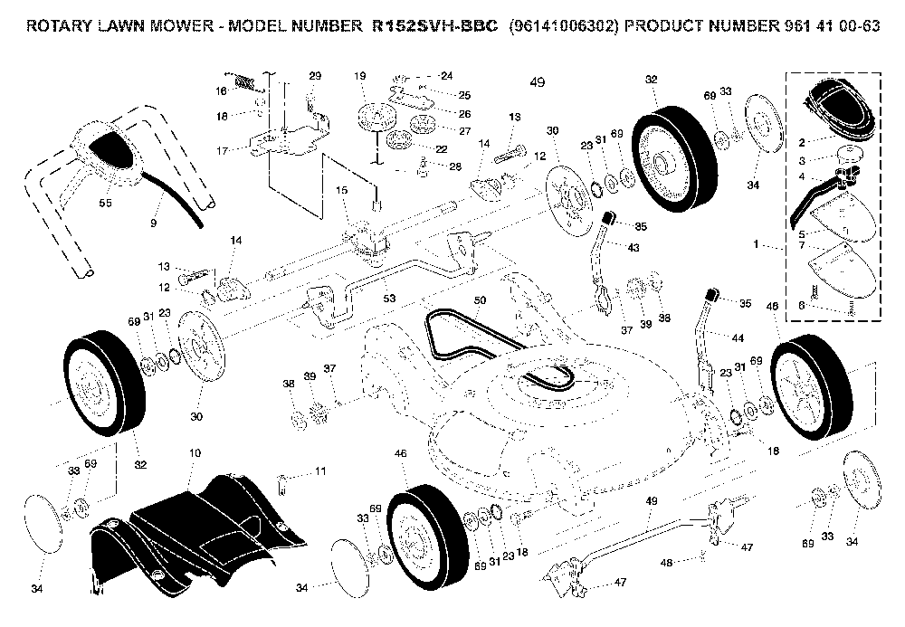 Product Complete Diagram and Parts List for R152SVH-BBC (96141006302, 961410063)(2008-02) Husqvarna Lawn Mower