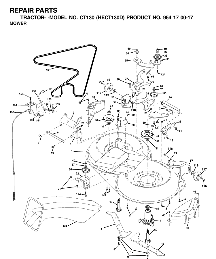 Mower Deck / Cutting Deck Diagram and Parts List for CT130 (HECT130D)(2001-01) Husqvarna Lawn Tractor
