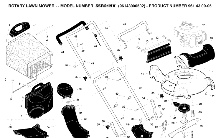 Repair Parts 2 Diagram and Parts List for 55R21HV (96143000502)(2005-11) Husqvarna Lawn Mower