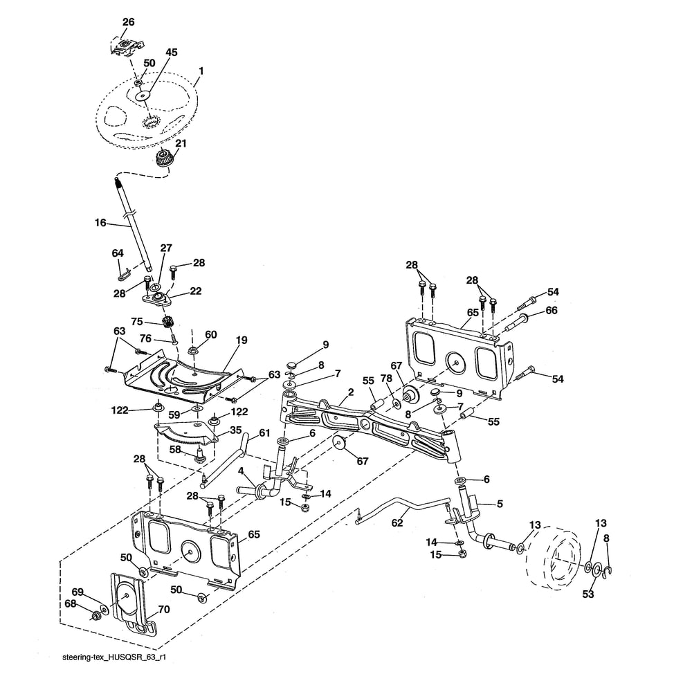 Steering Assembly Diagram and Parts List for 96043026000  Husqvarna Lawn Tractor