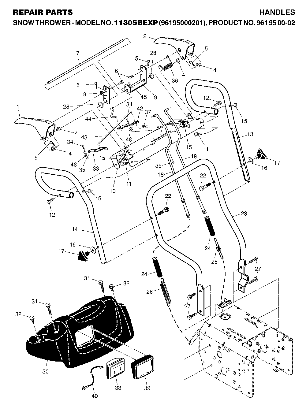 Handle And Controls Diagram and Parts List for 1130SBEXP (96195000201, 961950002)(2006-10) Husqvarna Snow Blower