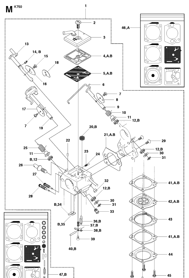 Carburetor Details Diagram and Parts List for K750 2009-07 Husqvarna Lawn Tractor Accessories