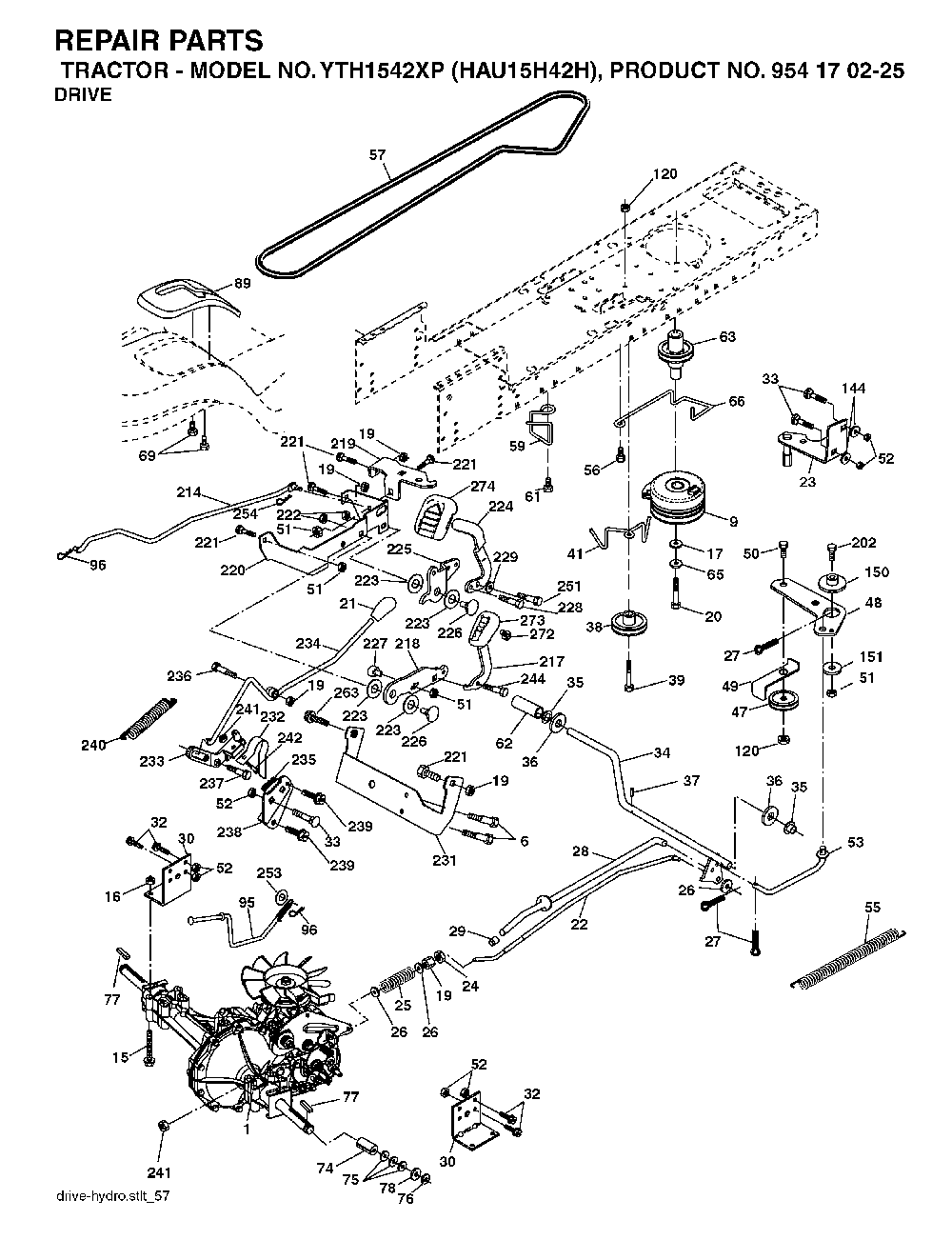 Drive Diagram and Parts List for YTH1542XP (HAU15H42H, 954170225)(2004-09) Husqvarna Lawn Tractor