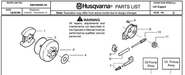 Clutch And Oil Pump Diagram and Parts List for 137 20050100001-20064900000 Husqvarna Chainsaw