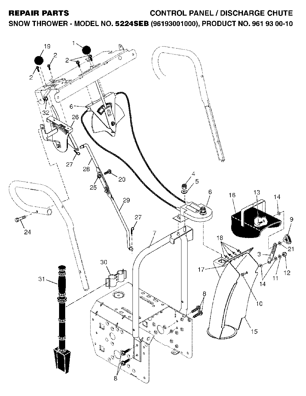 Control Panel And Discharge Chute Diagram and Parts List for 5524SEB (96193001000, 961930010)(2005-12) Husqvarna Snow Blower
