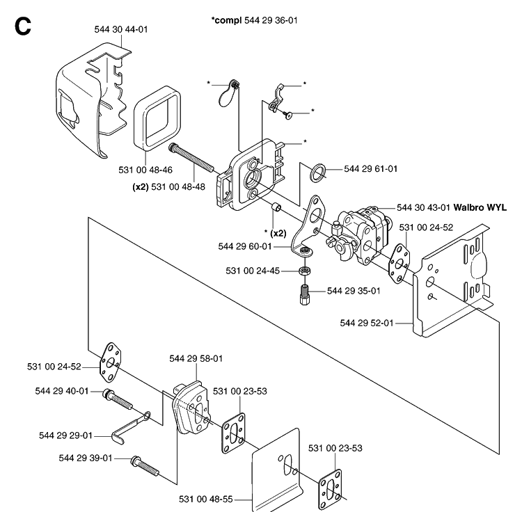 Housing Diagram and Parts List for 123HD60 20070500001-20070900000 Husqvarna Hedge Trimmer