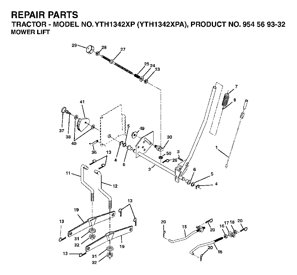 Mower Lift / Deck Lift Diagram and Parts List for YTH1342XP (YTH1342 XPA, 954569332)(2003-03) Husqvarna Lawn Tractor