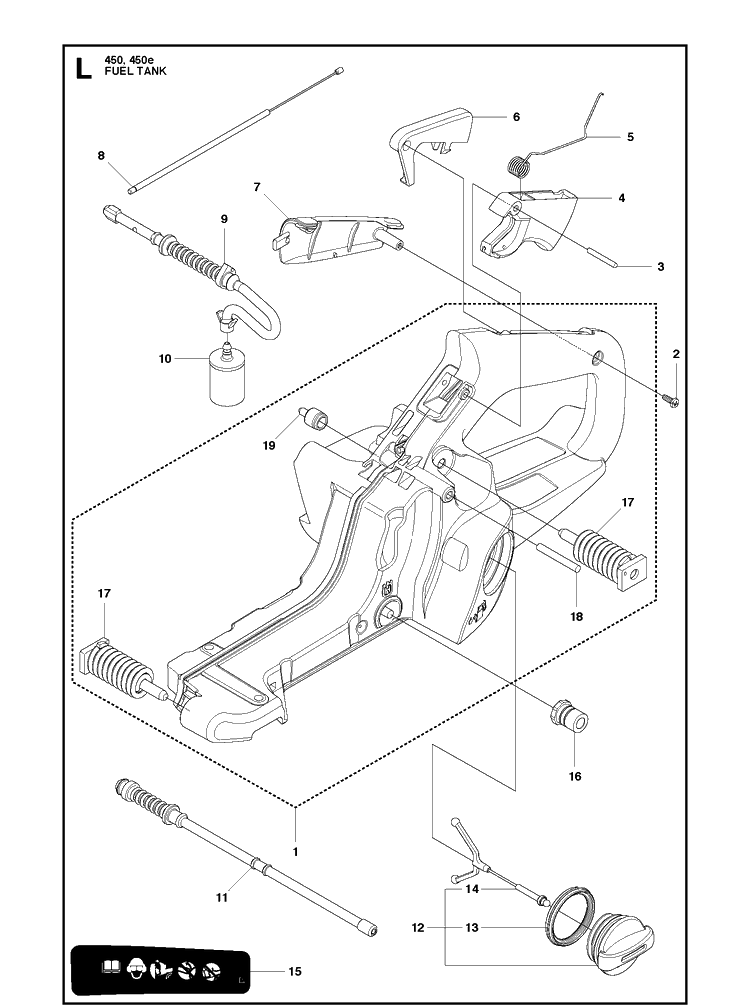Fuel Tank Diagram and Parts List for 450E  Husqvarna Chainsaw