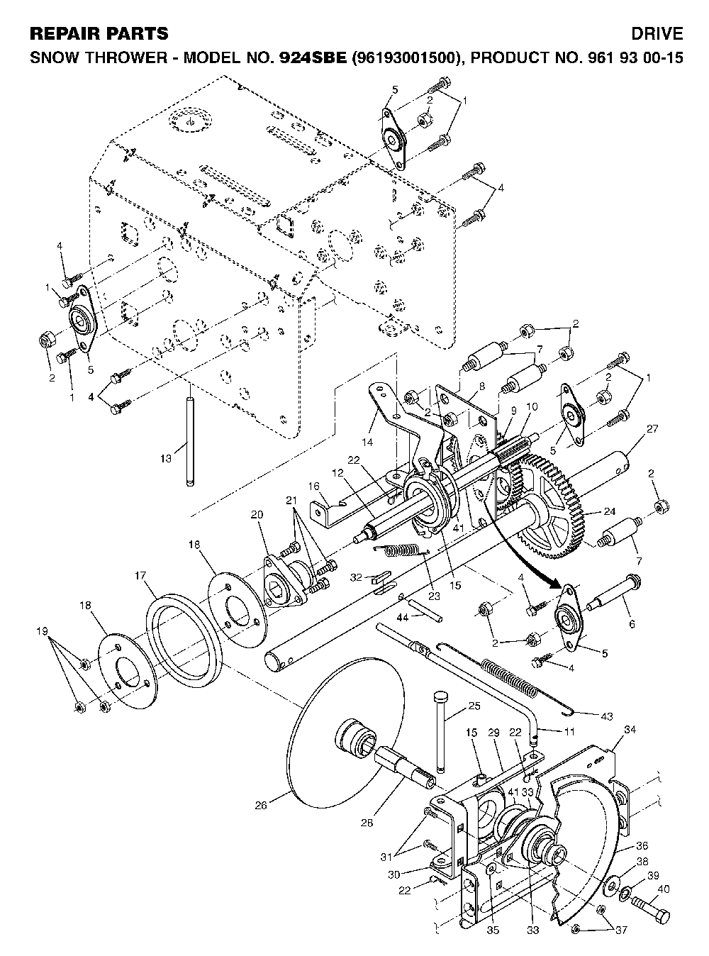 Drive Diagram and Parts List for 924SBE (96193001500, 961930015)(2006-08) Husqvarna Snow Blower