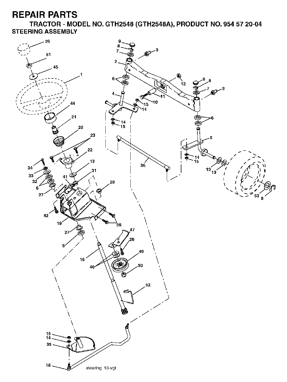 Steering Diagram and Parts List for GTH2548A (954572004)(2004-05) Husqvarna Lawn Tractor