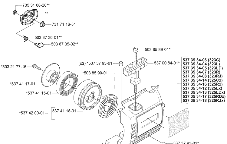Starter Assembly 1 Diagram and Parts List for 325RDX 2005-05 Husqvarna Brush Cutter